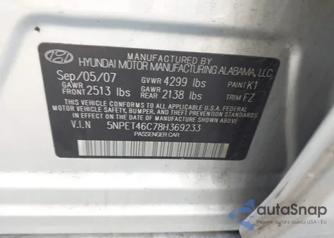 2008 Hyundai Sonata Gls z USA, uszkodzony, nr VIN 5NPET46C78H369233